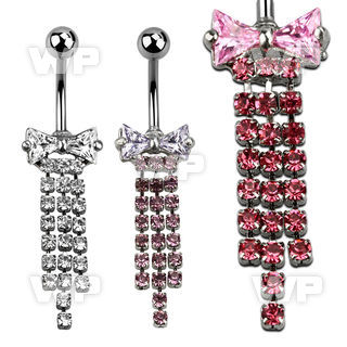 j61ssl steel belly ring lower cz bow design dangling triple crys belly piercing