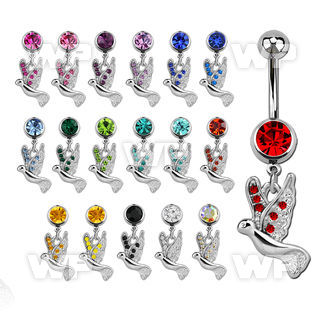 j61ssp steel belly ring w dangling dangling dove tiny crystals belly piercing