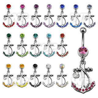 j61st9 steel belly ring w dangling anchor5mm dangling cz stone belly piercing