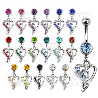 j61xa6k steel belly ring w dangling heart design crystals on one belly piercing