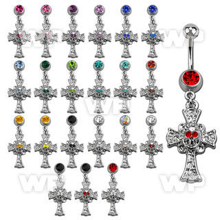 j61y90 steel belly ring w dangling cross skull design crystals belly piercing