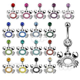 j61yl9 steel belly ring w dangling crystal studded crab length belly piercing