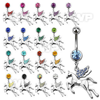 j61yls steel belly ring w dangling pegasus crystal studded wings belly piercing
