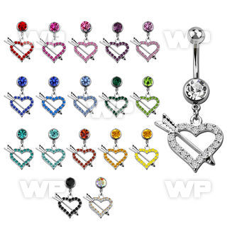j61ylt steel belly ring w dangling crystal studded heart arro belly piercing