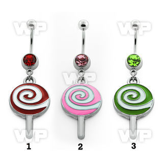 j61z9l steel belly ring w dangling painted lollipop design lengt belly piercing