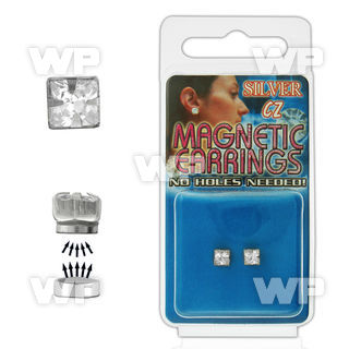 jigv0 pair of silver magnetic ear studs 4mm square clear cz sto belly piercing