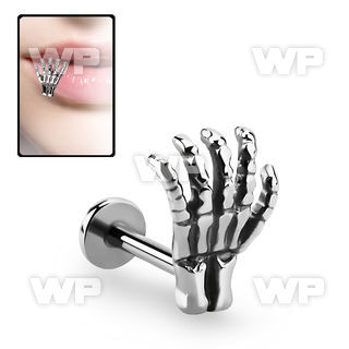 lbskhd 316l steel labret with casted 316l steel skeleton hand