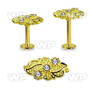 lbtfw4c gold 316l steel labret, 16g w a leaf top w crystals