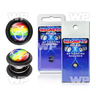 m2jml0 black magnetic fake plug double male sign on rainbow stri belly piercing