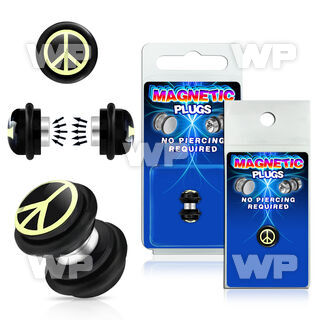 m2jmte black magnetic fake plug white peace sign on black backgr belly piercing