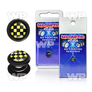 m2jmtt black magnetic fake plug black yellow checkered pattern belly piercing