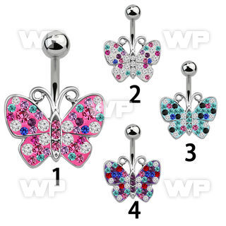 mcd448x steel belly banana 14g w multi crystal butterfly design