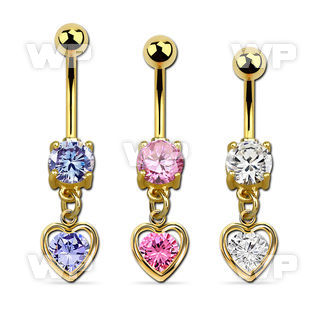 mdgz419 gold cz belly banana w dangling heart w cz center