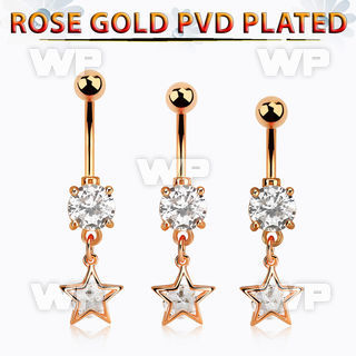 mdrz414 rose gold steel belly banana w dangling star shape w cz