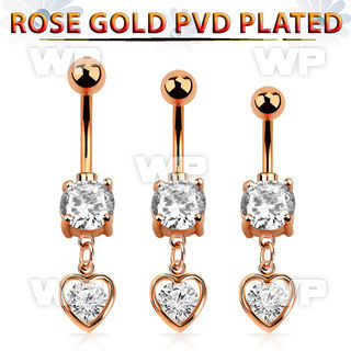 mdrz419 rose gold cz belly banana w dangling heart shape w cz