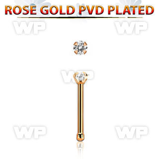 nbttzr2 rose gold  steel nose bone 20g w prong set clear 2mm cz