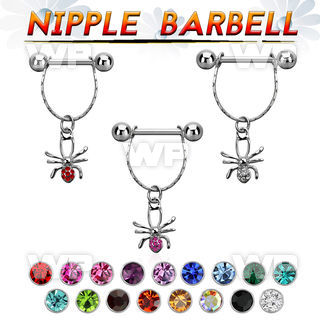 npdl14 steel nipple barbell w chain dangling crystal spider 