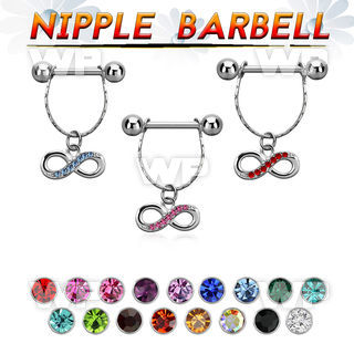 npdl16 steel nipple barbell w chain dangling infinity symbol