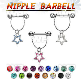 npdl18 steel nipple barbell w chain dangling crystal star 