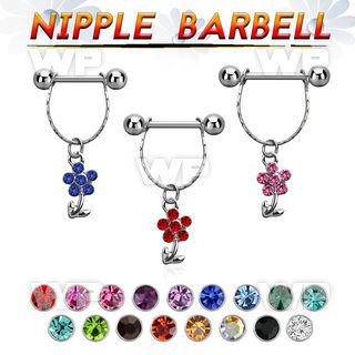 npdl19 steel nipple barbell w chain dangling crystal flower