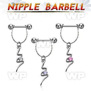 npdl20 steel nipple barbell w chain dangling swirl w cz 