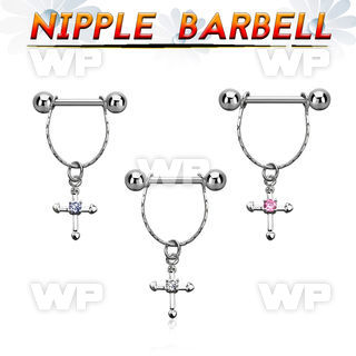 npdl21 steel nipple barbell w chain dangling cross w cz 