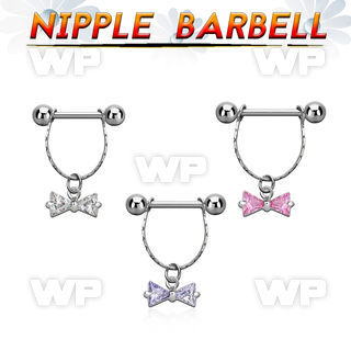 npdl25 steel nipple barbell w chain cubic zirconia bow 