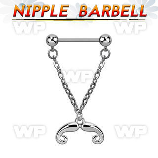 npdl36 steel nipple barbell w dangling french mustache design
