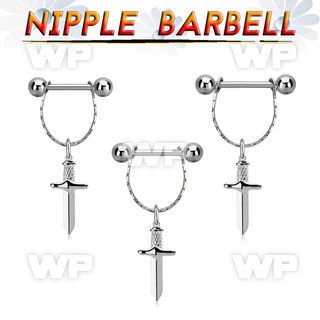 npdl47 steel nipple barbell w 5mm balls  small chain w dagger