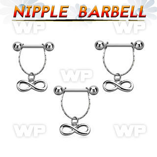 npdl6 steel nipple barbell w chain dangling infinity symbol 