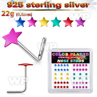 nssarpbx box of silver nose studs with color plated star tops