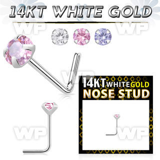 ou3gjks 14kt white gold l shaped nose pin 22g color cz