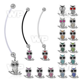 pnd465 pregnancy belly ring w crystal owl sitting on a branch