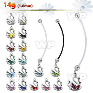 pnd472 pregnancy belly ring w dangling swan with crystals 