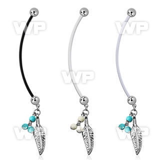 pnd601b pregnancy belly ring w dangling feather turquoise balls 