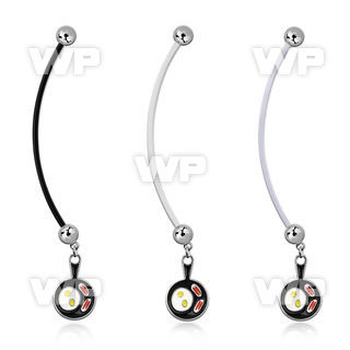 pnd646 pregnancy belly ring w dangling bacon eggs black pan 
