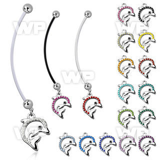 pnd672 pregnancy belly ring w dangling crystal studded dolphin 