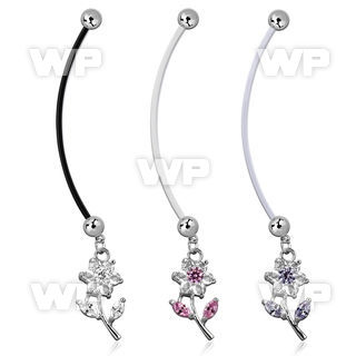 pndz178 pregnancy belly ring w dangling cz studded flower 