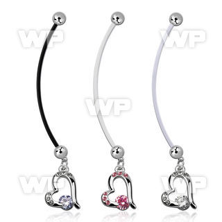 pndz362 pregnancy belly ring w dangling heart w a prong set cz