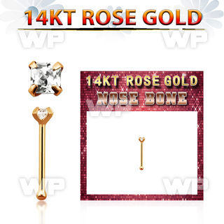 rnbqc1 14kt rose gold nose bone w a 2mm square prong set cz