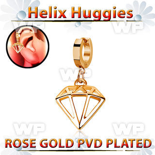 rose gold steel helix huggie w a diamond dangling 