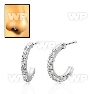 silver nose bone w clear crystal curved top