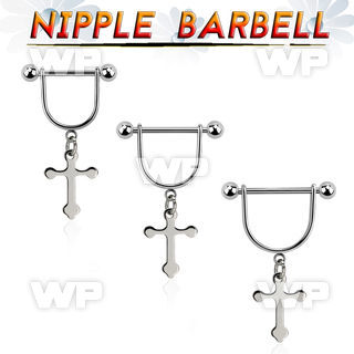 snpod22 steel stirrup nipple ring w dangling small cross