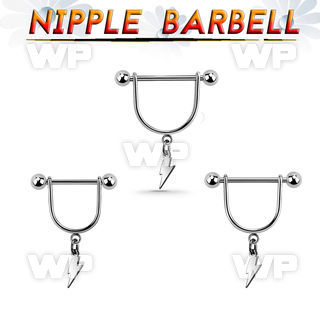snpod23 316l steel nipple stirrup w dangling lightning symbol