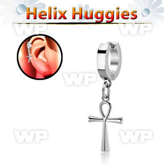 stainless steel huggie w a dangling ankh cross 