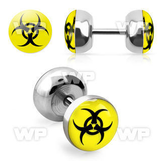 steel fake plug w bio hazard sign on yellow background 
