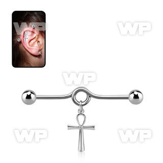 steel industrial loop barbell w dangling ankh cross 
