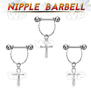 steel nipple barbell w small chain & dangling ankh cross 