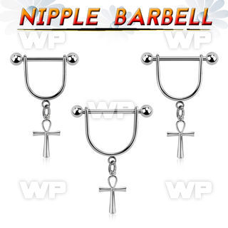 steel nipple stirrup w 5mm balls & a dangling ankh cross 
