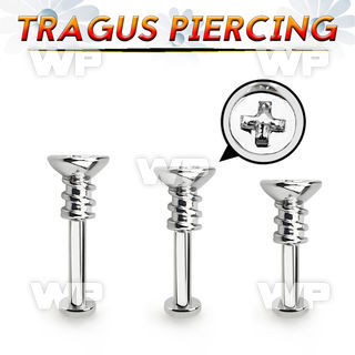 tlbescw2 316l steel tragus labret 16g w a cross screw top 